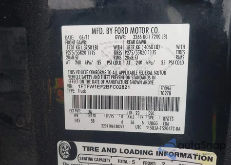 2011 Ford F-150 Fx4 from USA, damaged, VIN 1FTFW1EF2BFC02821
